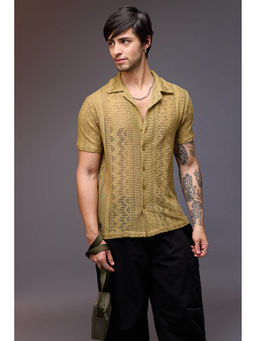 FREAKINS - Self Design Crochet Mens Shirt- Khaki