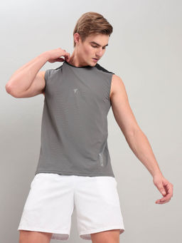 Technosport - Men Grey Solid Slim Fit Round Neck Sports Tank Top with Elastic Lite