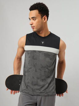 Technosport - Men Grey Jacquard Slim Fit Round Neck Sports Tank Top