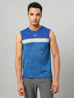 Technosport - Men Blue Jacquard Slim Fit Round Neck Sports Tank Top