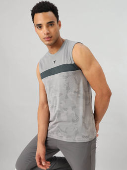 Technosport - Men Grey Jacquard Slim Fit Round Neck Sports Tank Top