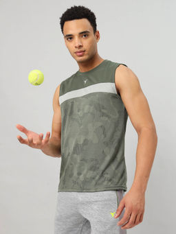 Technosport - Men Green Jacquard Slim Fit Round Neck Sports Tank Top
