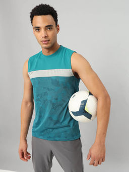 Technosport - Men Turquoise Jacquard Slim Fit Round Neck Sports Tank Top