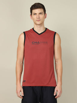 Technosport - Men Red Colorblock Slim Fit V Neck Sports Tank Top with Techno cool+