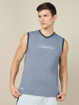 Technosport - Men Blue Colorblock Slim Fit V Neck Sports Tank Top with Techno cool+