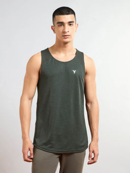 Technosport - Men Green Melange Slim Fit Round Neck Sports Tank Top with Techno cool+