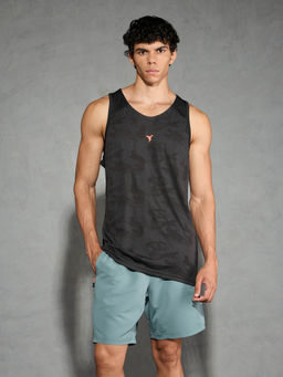Technosport - Men Black Jacquard Slim Fit Round Neck Sports Tank Top