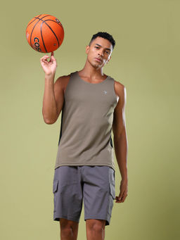 Technosport - Men Taupe Solid Slim Fit Round Neck Sports Tank Top with Techno cool+