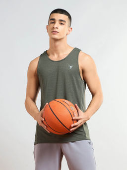 Technosport - Men Olive Melange Slim Fit Round Neck Sports Tank Top with Double Cool