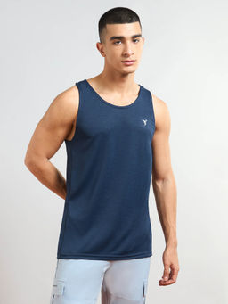 Technosport - Men Navy Blue Melange Slim Fit Round Neck Sports Tank Top with Double Cool