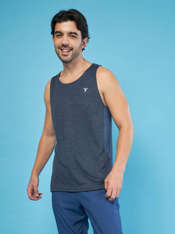 Technosport - Men Navy Blue Melange Slim Fit Round Neck Sports Tank Top with Double Cool