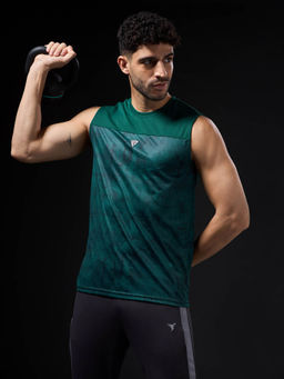 Technosport - Men Green Printed Slim Fit Round Neck Sports Tank Top with Techno cool+