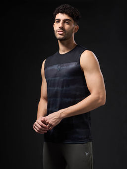 Technosport - Men Black Printed Slim Fit Round Neck Sports Tank Top with Techno cool+