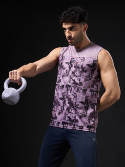 Technosport - Men Purple Printed Slim Fit Round Neck Sports Tank Top with Techno cool+