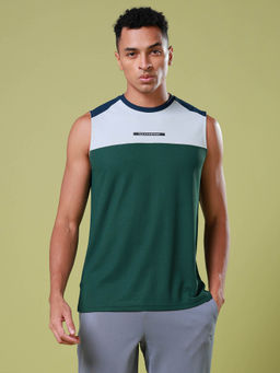 Technosport - Men Green Colorblock Slim Fit Round Neck Sports Tank Top with Matpiq