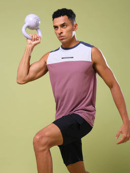 Technosport - Men Pink Colorblock Slim Fit Round Neck Sports Tank Top with Matpiq