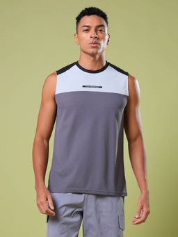 Technosport - Men Grey Colorblock Slim Fit Round Neck Sports Tank Top with Matpiq
