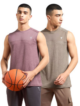 Technosport - Men Multi-Color Pack Of 2 Melange Slim Fit Round Neck Sports Tank Top with Double Cool