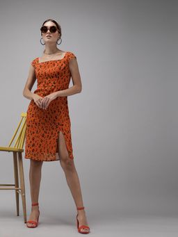 MISH - Orange Printed Shift Dress With Side Slit