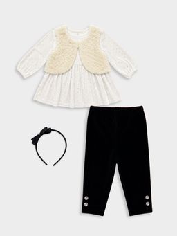 Mi Arcus - Girls White-Black Top with Pant and Shrug-Hair Band