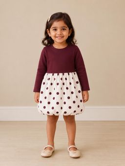 Mi Arcus - Girls Maroon Cotton Polka Dots Printed Dress