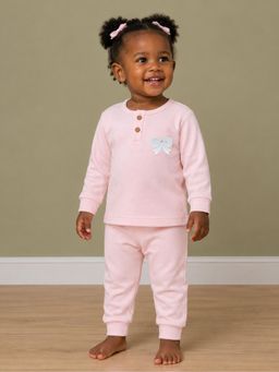 Mi Arcus - Girls Pink Knit Full Sleeves Bow Printed Co-Ord Set