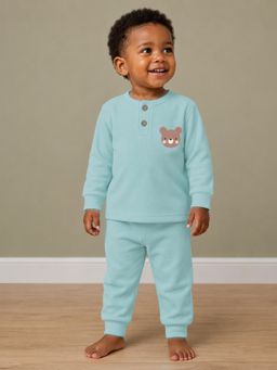 Mi Arcus - Boys Blue Knit Full Sleeves Bear Printed Co-Ord Set