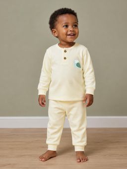 Mi Arcus - Boys Light Yellow Knit Full Sleeves Owl Printed Co-Ord Set