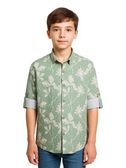 CHARCHIT - Boys Green Cotton Floral Printed Shirt