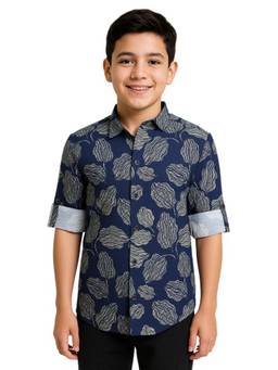 CHARCHIT - Boys Navy Blue Leaf Printed Shirt