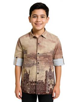 CHARCHIT - Boys Light Brown Graphic Printed Shirt