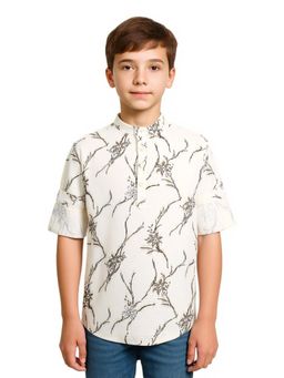 CHARCHIT - Boys Off White-Olive Cotton Floral Printed Shirt