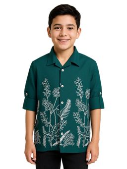 CHARCHIT - Boys Rama Green Cotton Floral Embroidered Shirt