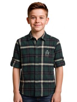 CHARCHIT - Boys Dark Green Cotton Checks Plaid Shirt