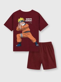 Napchief - Boys Burgundy Naruto Uzumaki Character T-shirt with Shorts