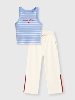 Napchief - Girls Blue-White Stripes Tank Top with Trouser