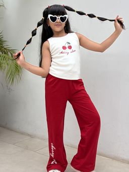 Napchief - Girls White-Red Graphic Printed Tank Top and Trouser