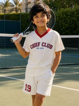 Napchief - Boys Off White Text Printed T-shirt with Shorts