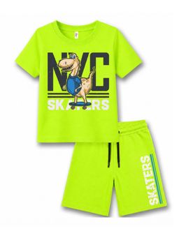 KAVEE - Unisex Neon Green Dinosaur Graphic Printed T-shirt and Shorts