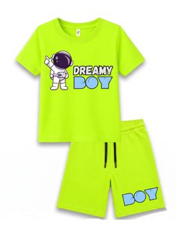 KAVEE - Unisex Neon Green Astronaut Graphic Printed T-shirt and Shorts