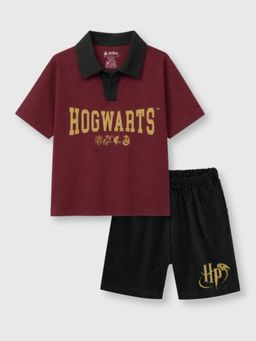 Napchief - Unisex Maroon-Black Hogwarts Polo T-shirt with Shorts