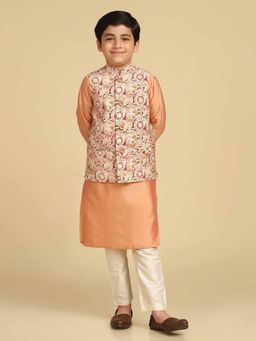 KISAH - Orange Kurta and Printed Nehru Jacket with Pyjama (Set of 3)