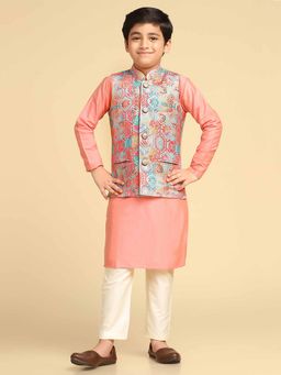 KISAH - Peach Kurta and Printed Nehru Jacket with Pyjama (Set of 3)