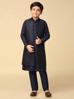 KISAH - Navy Blue Embellished Nehru Jacket and Kurta with Pyjama (Set of 3)