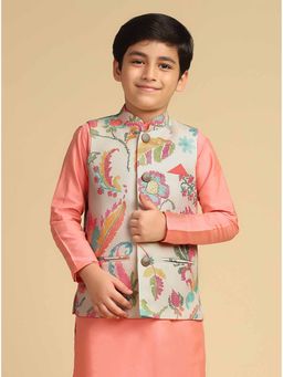 KISAH - Cream Floral Printed Nehru Jacket