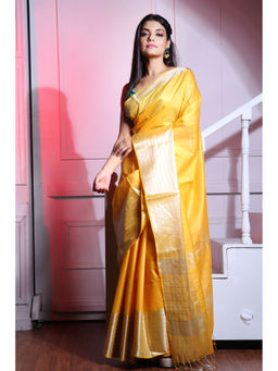 CHARUKRITI - Yellow Blended Silk Saree with Temple Border and Unstitched Blouse