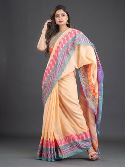 Arhi - Cream Pure Cotton Handwoven Saree With Kalka Design In Border with Unstitched Blouse
