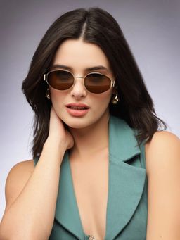 HASHTAG EYEWEAR - Brown UV Protection Oval Full Rim Casual Women Sunglass - VS 2301-Gold-BRN (40)