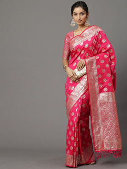 Akhilam - Women Silk Blend Pink Woven Design Woven Saree with Unstitched Blouse