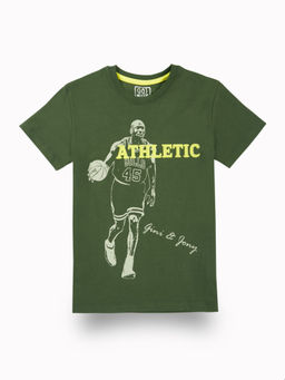 Gini & Jony - Boys Green Printed Cotton Half Sleeves T-Shirt
